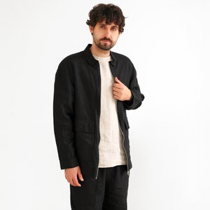 Mens linen bomber jacket, Summer cardigan, Bomber jacket, Black bomber jacket, Gift for him, Linen jacket, Linen coat image 2