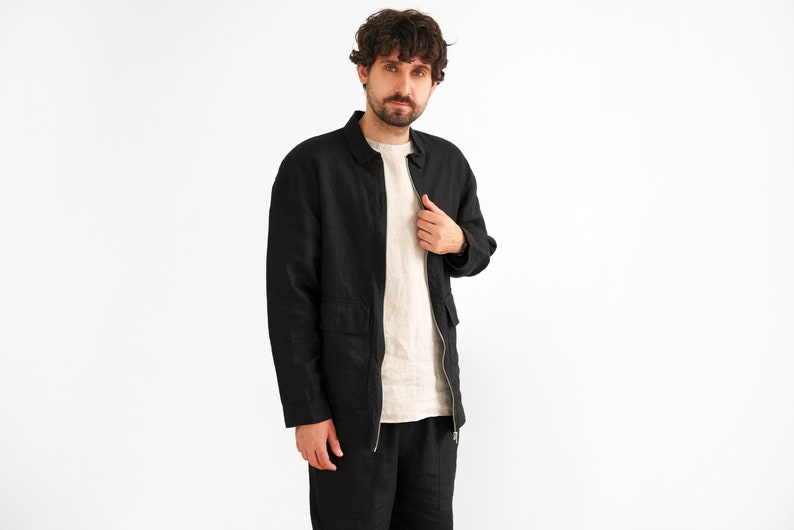 Mens linen bomber jacket, Summer cardigan, Bomber jacket, Black bomber jacket, Gift for him, Linen jacket, Linen coat image 2