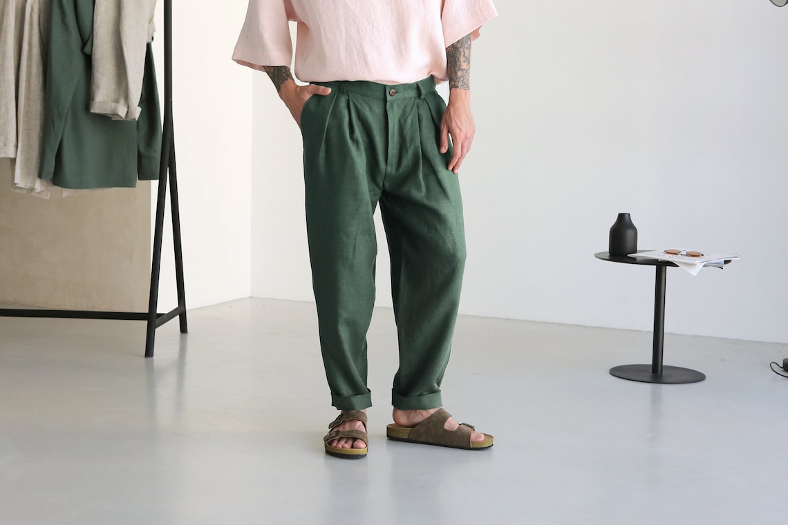 Mens Linen Pants With Pleats Green Linen Joggers Mens - Etsy