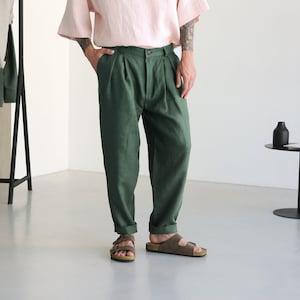 Mens Linen Pants With Pleats, Green Linen Joggers, Mens Trousers, Loose ...