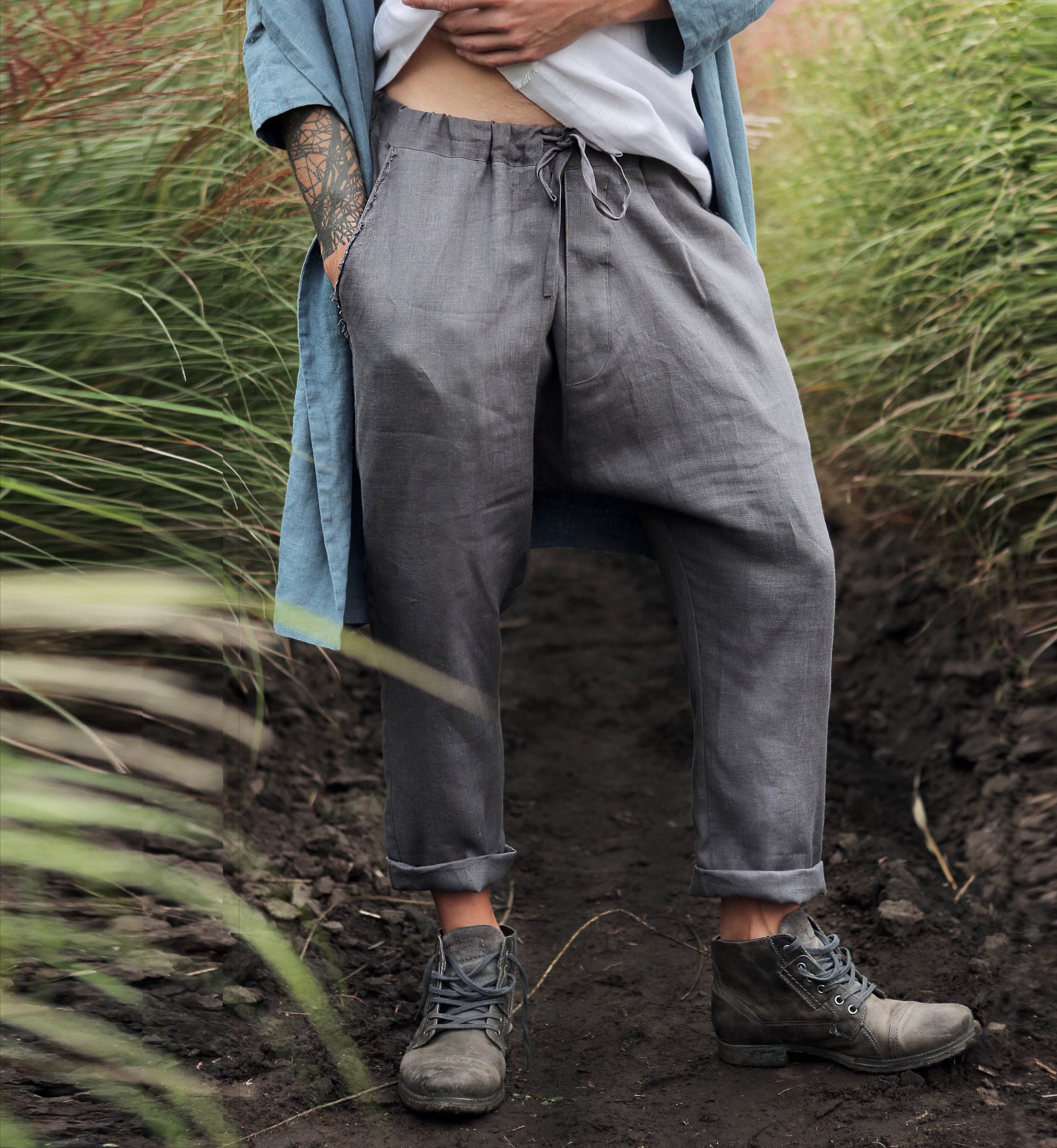 Natural Mens Linen Pants, Lounge Pants, Linen Joggers, Mens