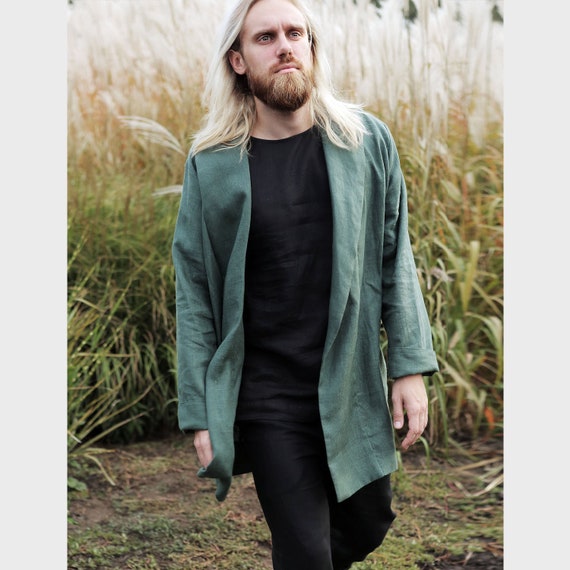 Linen jacket Green trench Green cardigan for men Linen | Etsy