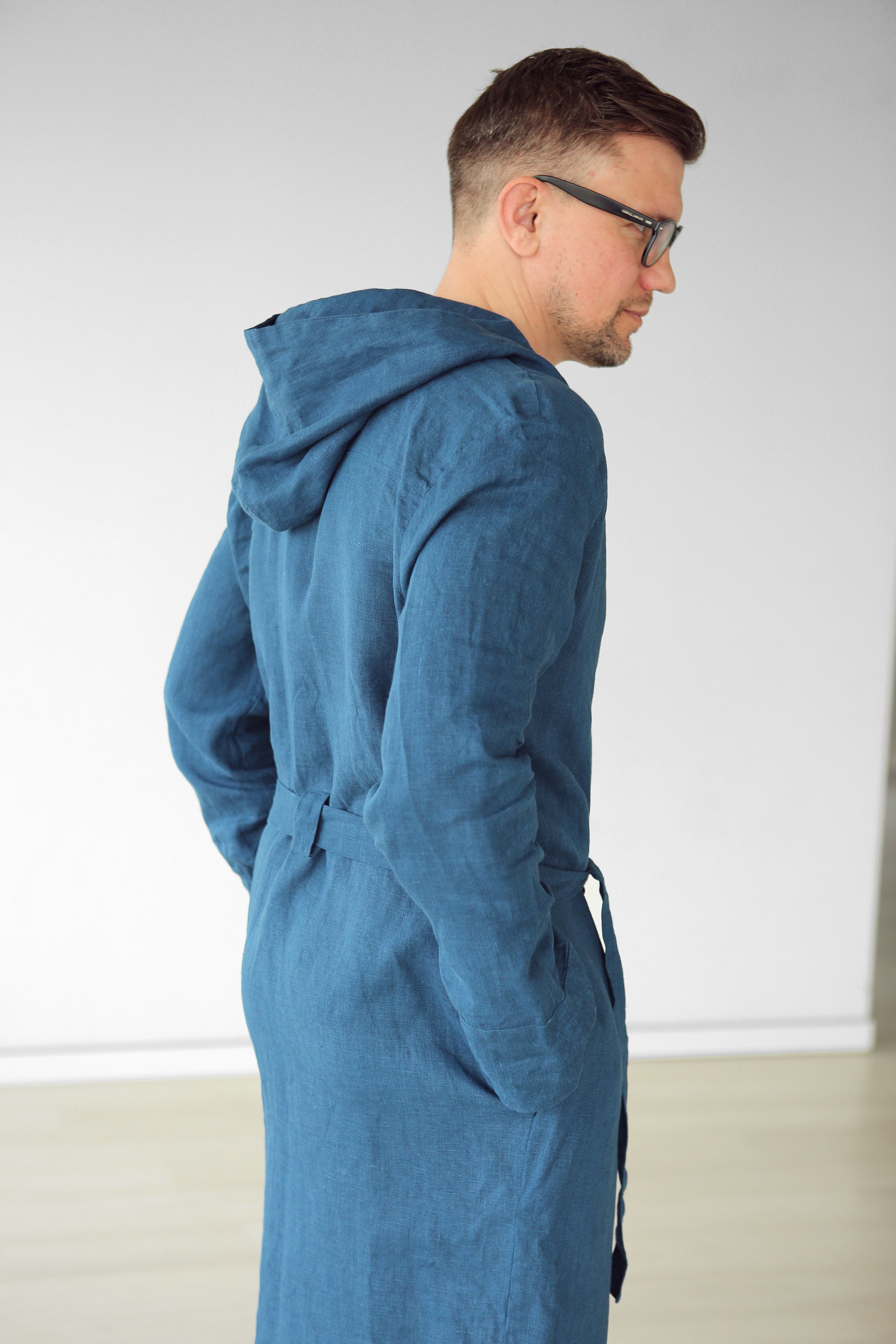 Mens Linen Bathrobe Navy Blue Hooded Robe Hoodie Bathrobe Etsy