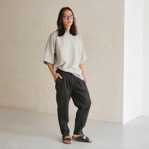 Mens Linen Pants With Pleats, Black Linen Joggers, Mens Trousers, Loose ...