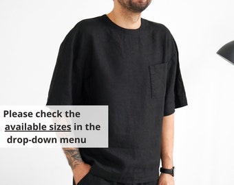 Mens linen t-shirt, Oversized black t-shirt, Wide sleeve t-shirt, Shirt for men, Relaxed Mens t-shirt Gift for him, Beach linen shirt