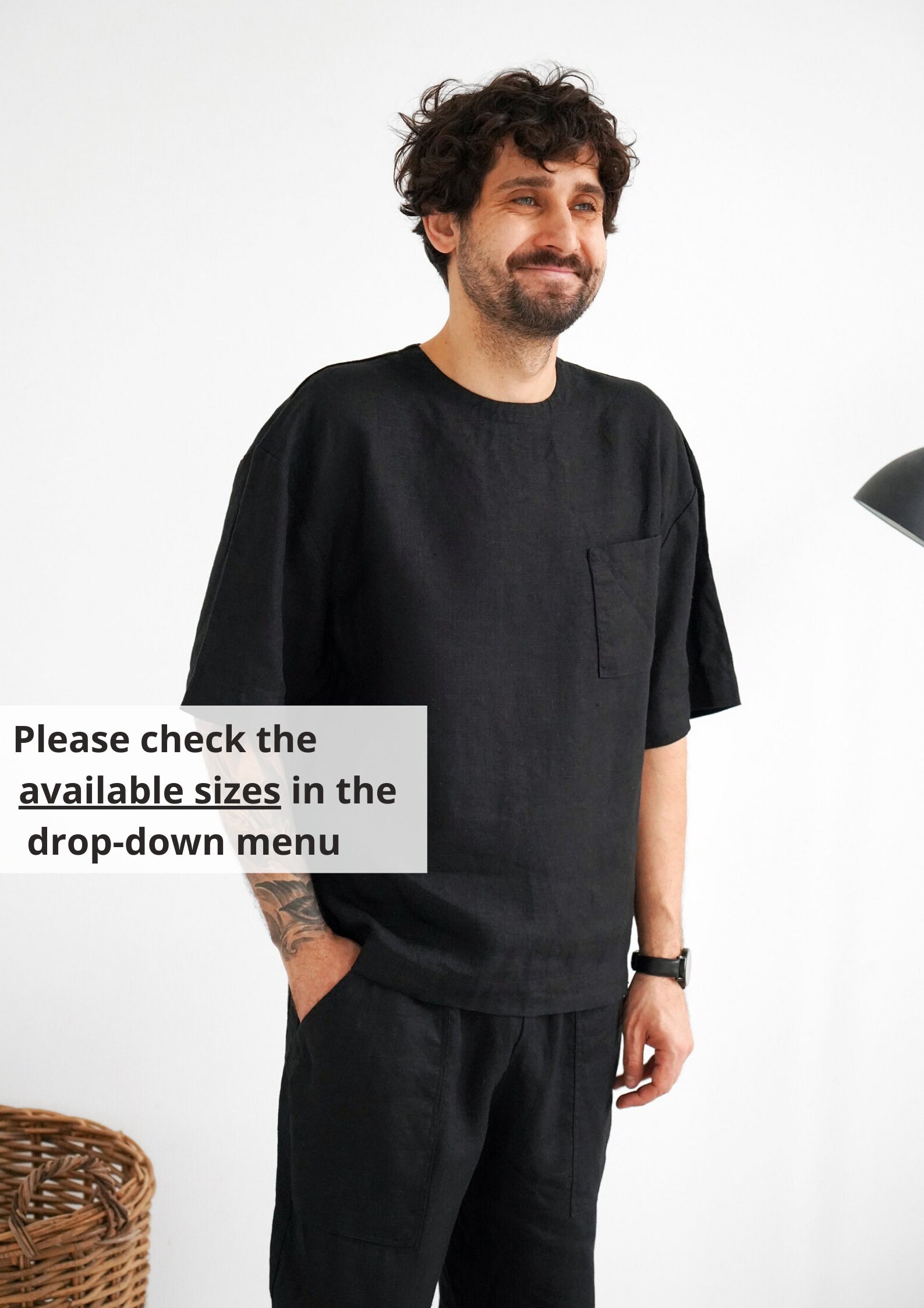 Mens Linen T-shirt, Oversized Black T-shirt, Wide Sleeve T-shirt