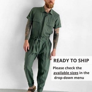 Mens linen jumpsuit, Mens overall, Mens romper, Jumpsuit for men, Green coveralls, Gift for him, Natural linen jumpsuit, Linen romper