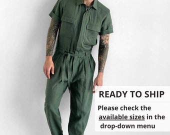 Mens linen jumpsuit, Mens overall, Mens romper, Jumpsuit for men, Green coveralls, Gift for him, Natural linen jumpsuit, Linen romper
