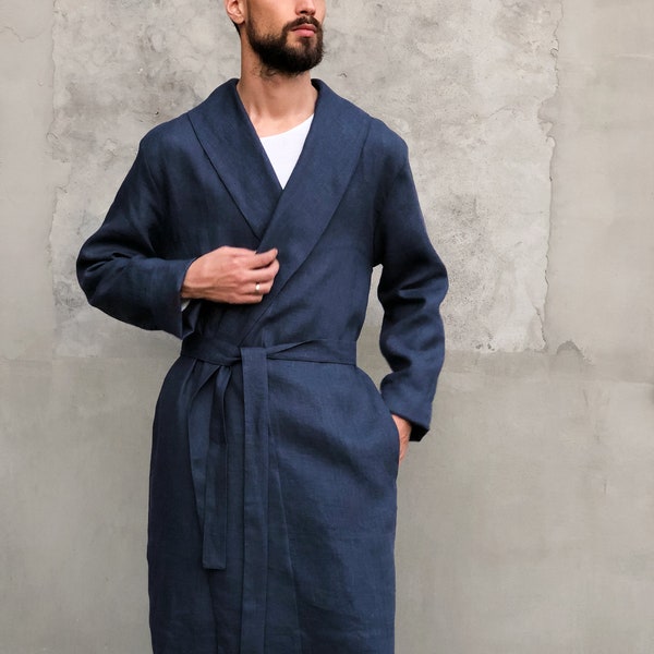Linen robe for men, Natural loungewear, Dark blue dressing gown, Handmade bathrobe, Men's robe, Spa robe, Housecoat, Gift for him