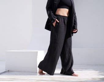 Wide-leg linen pants THUME in Black, Loose linen pants for women, High-waisted pants