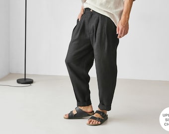 Calças de linho masculinas com pregas, Calças jogger de linho pretas, Calças masculinas, Calças folgadas, Calças largas