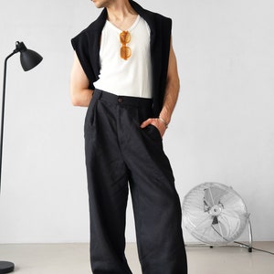 Wide mens linen palazzo pants with pleats, High-waist wide linen joggers, Mens trousers, Loose fit pants, Baggy pants zdjęcie 4