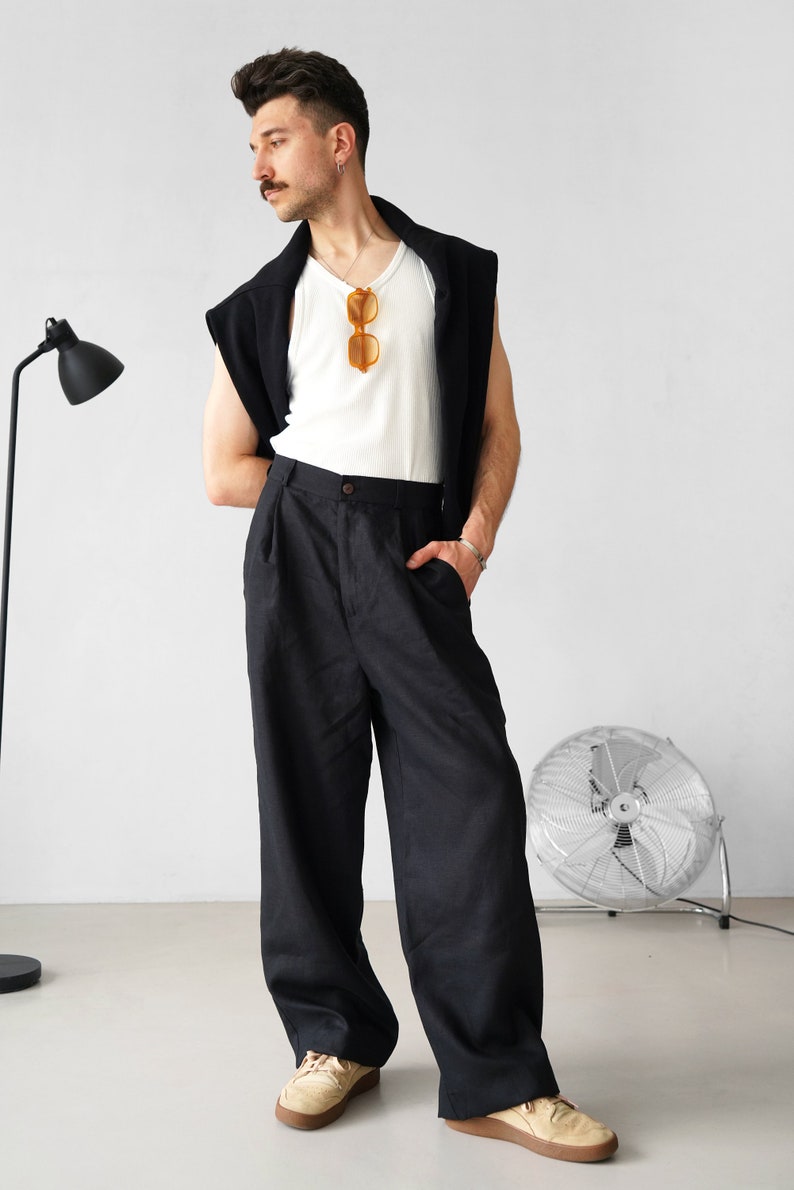 Wide mens linen palazzo pants with pleats, High-waist wide linen joggers, Mens trousers, Loose fit pants, Baggy pants zdjęcie 4