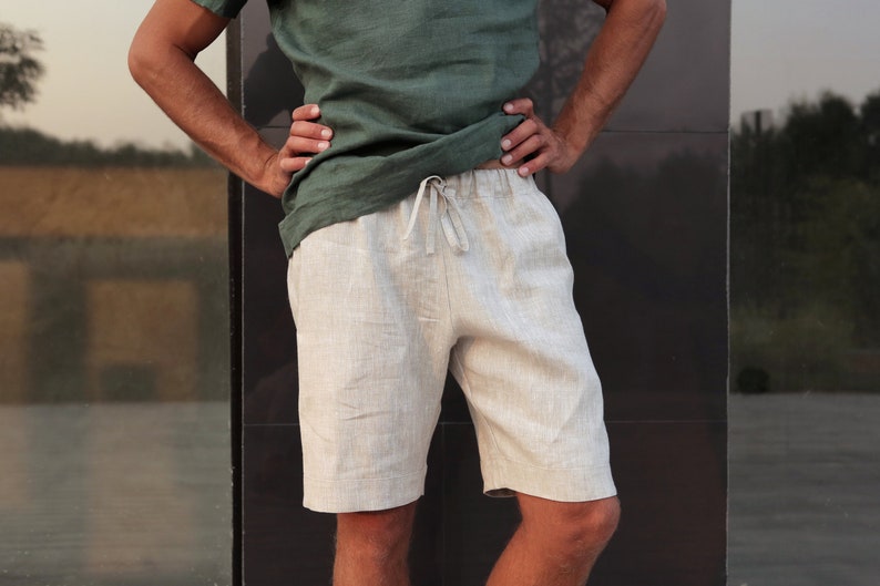 Herren-Leinen-Shorts, Sommer-Shorts, Shorts für Männer, Frühlings-Shorts, Herren-Bio-Kleidung, Strand-Shorts, Basic-Shorts, Beige-Shorts Bild 6