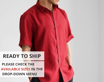 Mens linen shirt wide sleeve, Shirt for men, Dress shirt, Red shirt, Gift for him