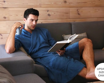 Men's Linen Bathrobe JUNIPER in Navy blue | Natural Loungewear, Homewear, Wedding Robe, Gown for Men, Dressing Gown, Gift for Him