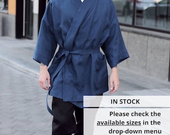 Herren Leinen Kimono, marineblauer Kimono Männer, handgefertigte Strickjacke, Leinenmantel, Leinen Loungewear, Flachs Kimono, Spa Robe - auf Lager