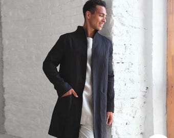 Trench coat men, Linen jacket for man, Stylish linen apparel, Linen black cardigan, Wedding jacket, Gift for him, Lux gift, Linen outfit