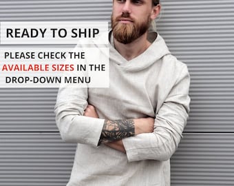 Mens linen hoodie, Summer hoodie, Linen t-shirt, Shirt for men, Natural color shirt, Flax hoodie, Gift for him, Beach shirt, Linen style