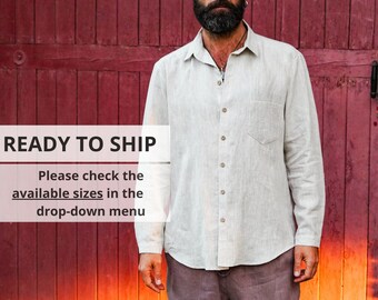 Mens relaxed linen shirt, Shirt for men, Natural color shirt, Classic handmade- Stock