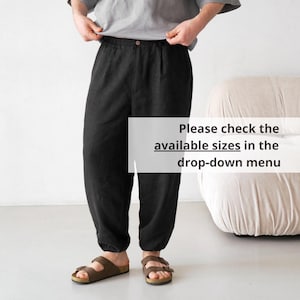 Men&#39;s Pleated Linen Pants with Elastic Cuffs, Black linen joggers, Mens trousers, Loose fit pants, Baggy pants - stock