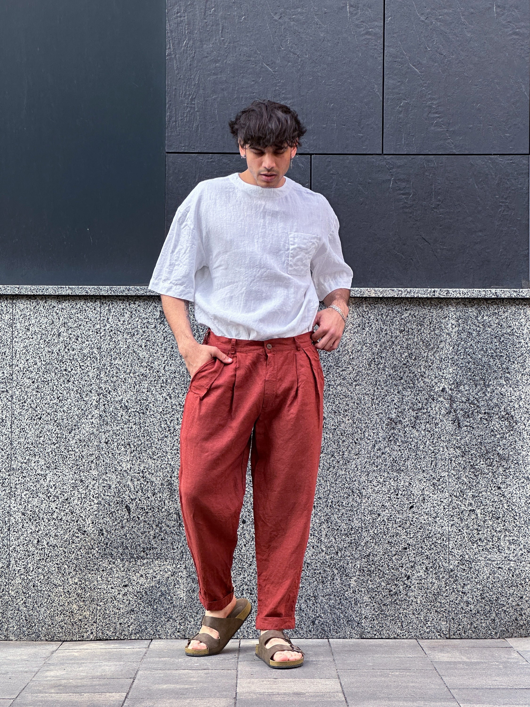Pantaloni Uomo Larghi Pantaloni Elastici Da Uomo In Lino Traspirante Tinta Unita Pantaloni Uomo Taglie Forti