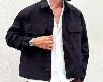 Men’s Linen Chore Jacket SEQUOIA in Black | Heavy Linen