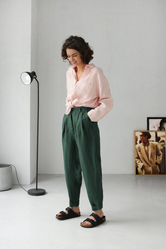 Pantalones de lino para mujer con pliegues, Joggers de lino