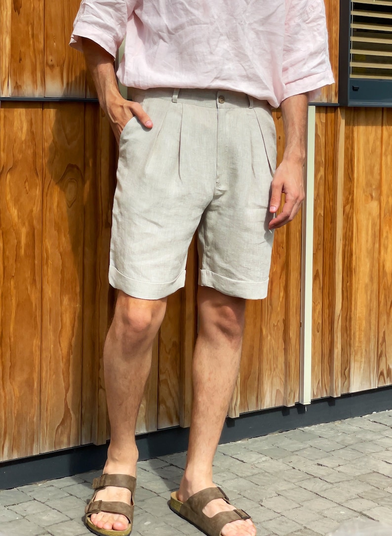 Heren linnen shorts met plooien, geplooide shorts, shorts voor mannen, zomershorts, beige kleur shorts, mans biologische kleding, vlas shorts afbeelding 4