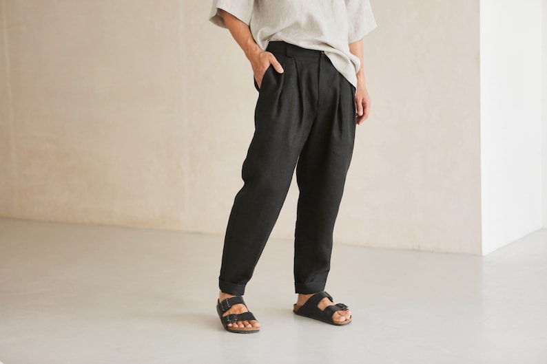 Pantalon en lin pour homme avec plis, pantalon de jogging en lin noir, pantalon pour homme, pantalon ample, pantalon ample image 5