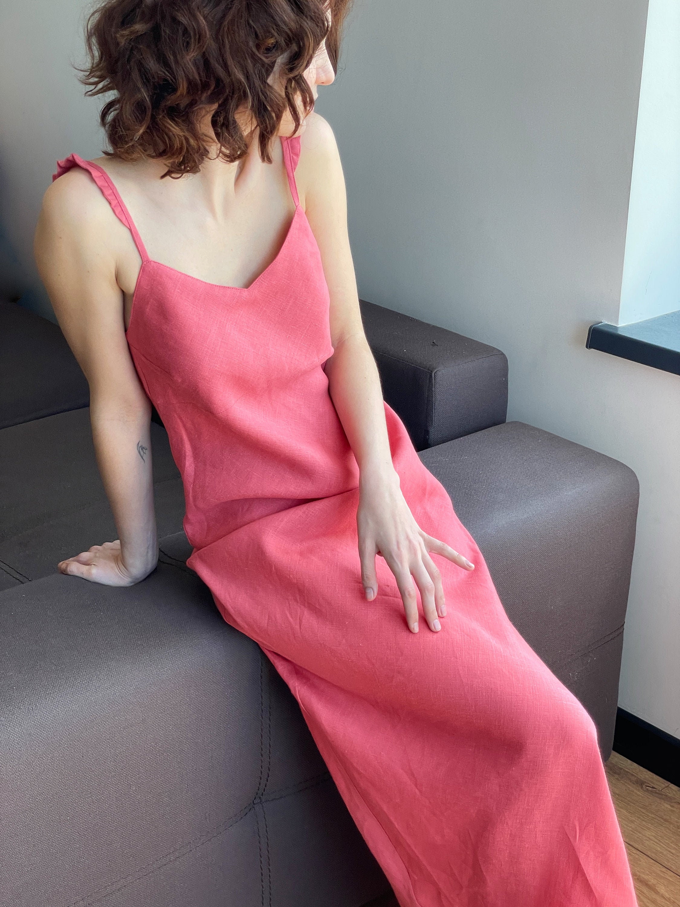 Linen Maxi Dress, Summer Dress, Peach Color, Dress With Wings, Beach Linen  Dress, Basic Nightdress, Sleeveless Linen Dress, Organic Dress - Etsy