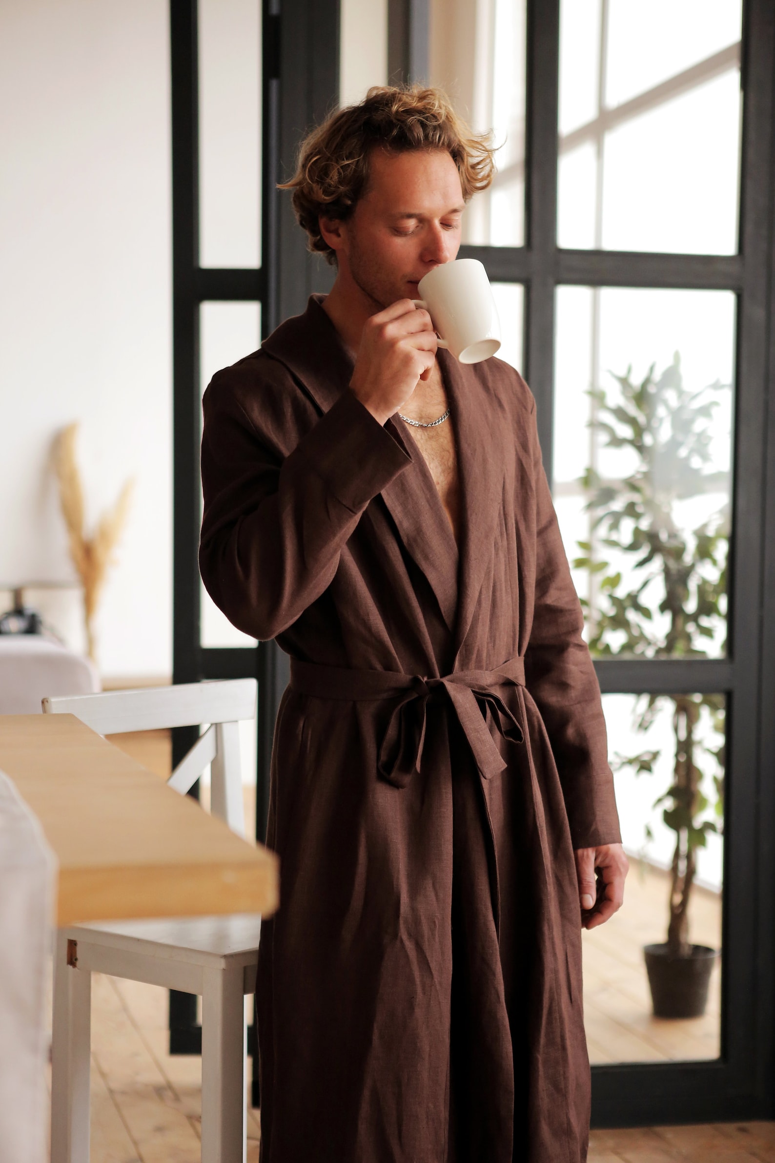 Linen robe for men Natural laungewear Brown dressing gown Etsy