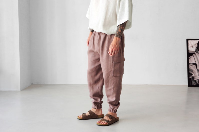 Mens Linen Cargo Pants With Side Pockets Summer Pants Latte Etsy