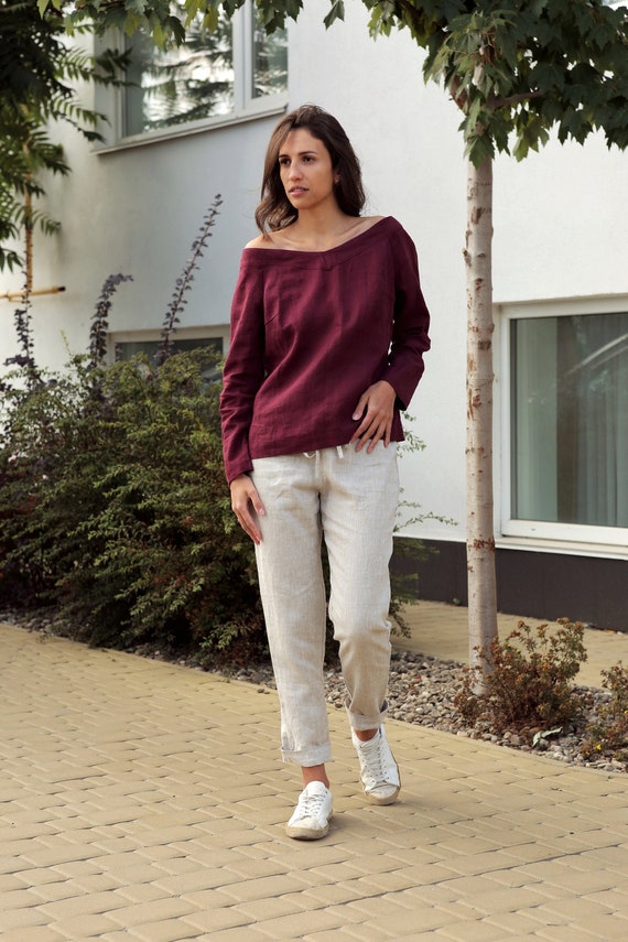 Linen T-Shirt, Linen top, Open shoulders, Linen Blouse, Flax women t-shirt, Burgundy top, Natural top, Natural pajama, Eco top