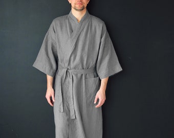 Mens linen kimono, Natural loungewear, Dark grey kimono men, Handmade cardigan, Linen coat, Linen loungewear, Flax robe, Spa robe