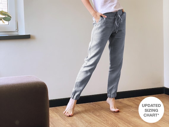 Women’s Linen Joggers with Elastic Cuffs NARA in Light Grey, Drawstring Waist Trousers