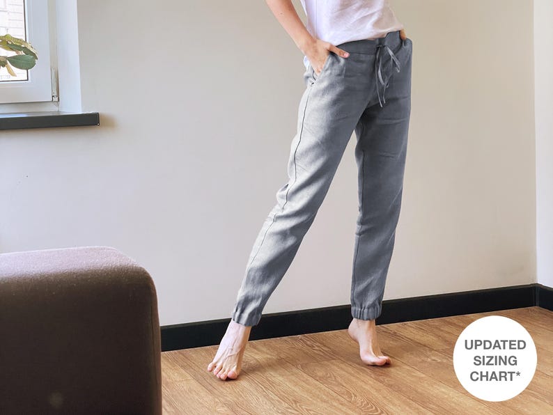 Linnen damesjoggingbroek met elastische manchetten NARA in lichtgrijs, taillebroek met trekkoord afbeelding 1