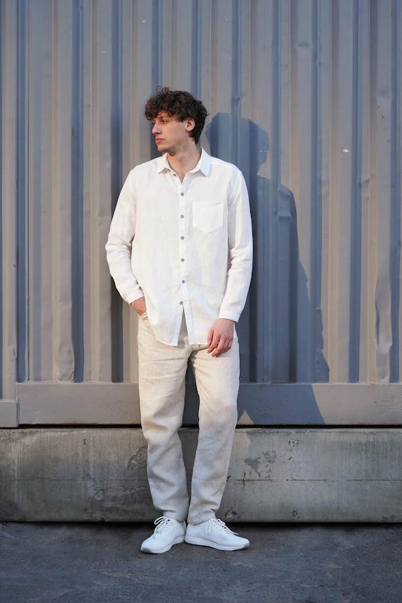 Mens linen shirt, Relaxed shirt for men, Natural color shirt, Classic handmade