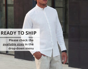 Mens linen shirt, Dress shirt, White shirt, Wedding linen shirt, Band collar shirt, Flax shirt, Gift for him, Beach shirt, Mens style