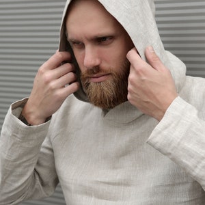 Mens linen hoodie, Summer hoodie, Linen t-shirt, Shirt for men, Natural color shirt, Flax hoodie, Gift for him, Beach shirt, Linen style imagem 5