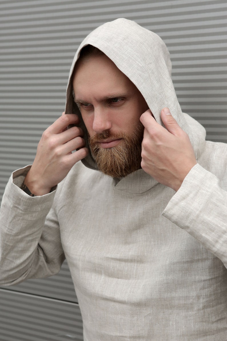 Mens linen hoodie, Summer hoodie, Linen t-shirt, Shirt for men, Natural color shirt, Flax hoodie, Gift for him, Beach shirt, Linen style imagem 5