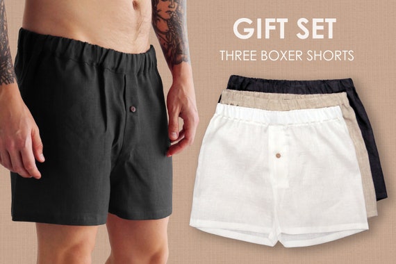 Gift SET of Mens Linen Underwear, Boxer Shorts With Button, Summer