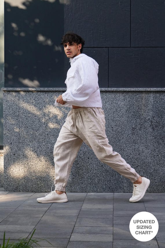 メンズリネンカーゴパンツ（サイドポケット付き）、夏用パンツ