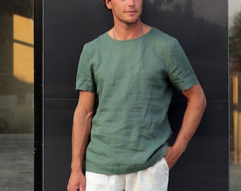 Herrlinne-t-shirt, Sommar-t-shirt, Skjorta för män, Ekologiska kläder, Snygg t-shirt, Grön t-shirt, Enkel t-shirt, Present till honom