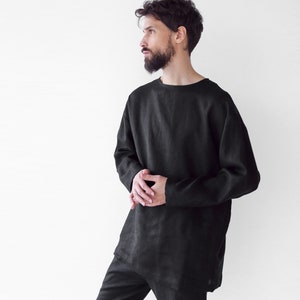 Mens linen oversize sweatshirt, Black sweatshirt, Shirt for men, Mans relax shirt, Black shirt, Beach linen shirt, Linen loungewear zdjęcie 5