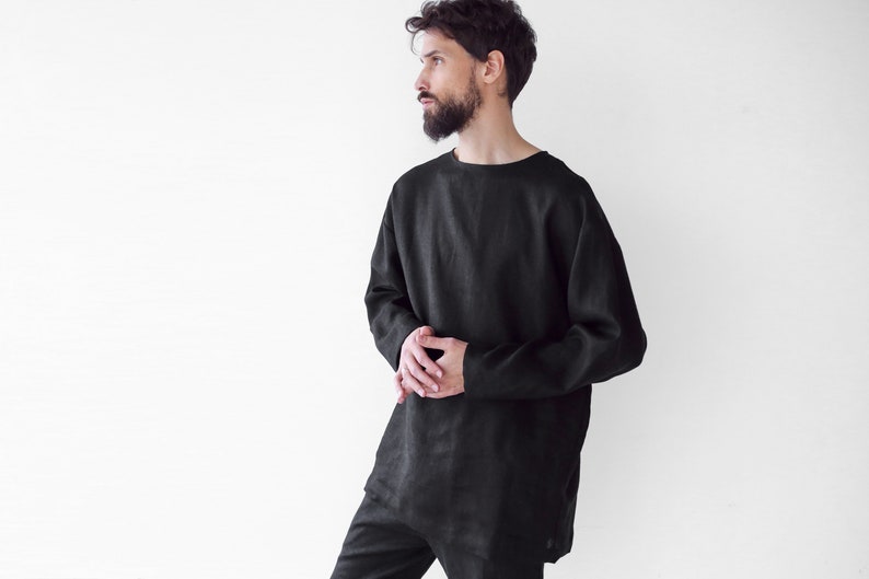 Mens linen oversize sweatshirt, Black sweatshirt, Shirt for men, Mans relax shirt, Black shirt, Beach linen shirt, Linen loungewear zdjęcie 5