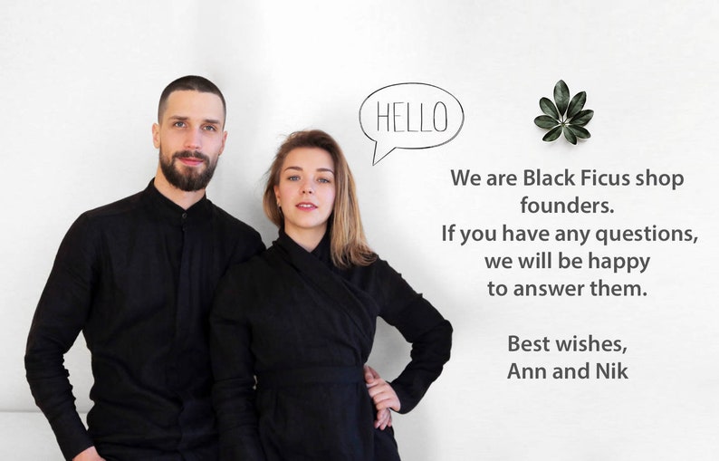 Pu&ograve; includere: Due persone, un uomo e una donna, vestiti di nero, stanno davanti a un muro bianco. Il testo "HELLO" &egrave; in una bolla di dialogo sopra di loro. Il testo "We are Black Ficus shop founders. If you have any questions, we will be happy to answer them. Best wishes, Ann and Nik" &egrave; scritto sotto.