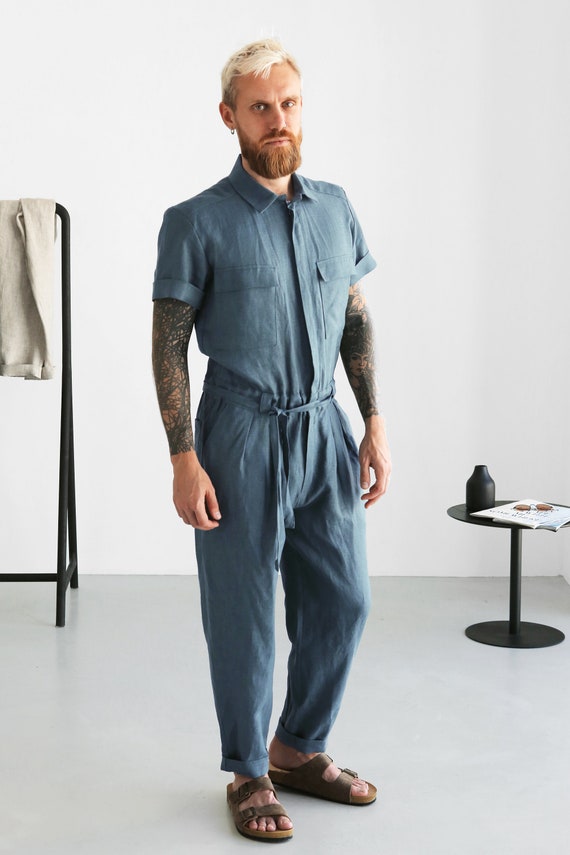 voering afbreken slecht Heren linnen jumpsuit heren overall heren romper jumpsuit - Etsy België