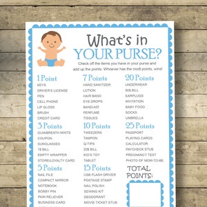What&#39;s in Your Purse Baby Shower Game Boy Baby Shower Baby Boy Baby Shower Printables Blue and Gray Purse Activity - Instant Download