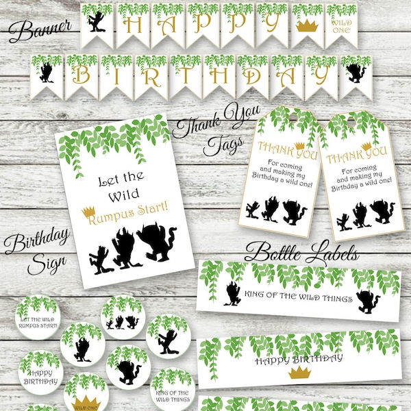 Where The Wild Things Are Party Decoration Pack Kit, Happy Birthday Banner Vlaggen, Bedanklabels, Cupcake Toppers, Fleslabel, Vlaggenlijn